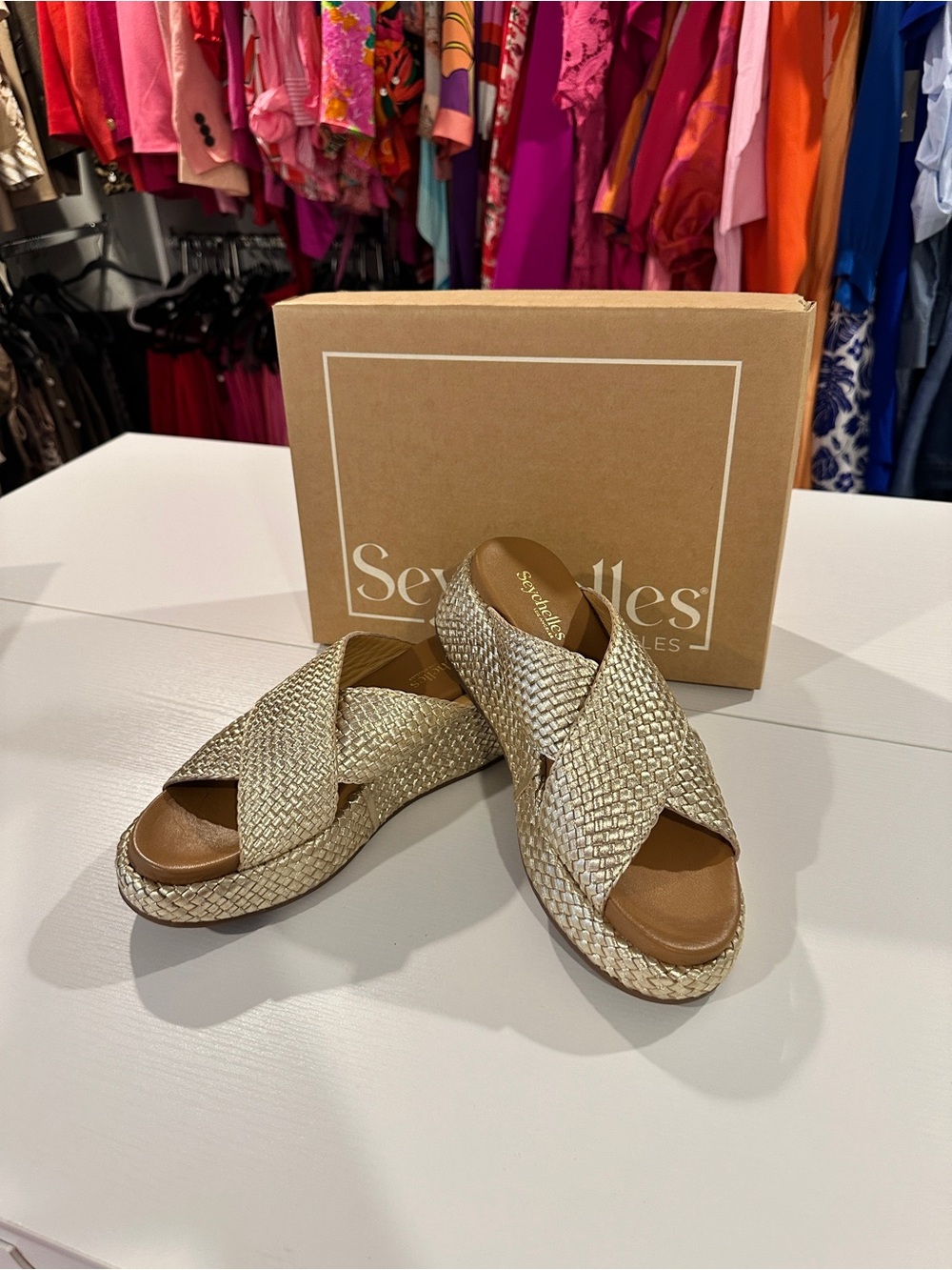 Seychelles Metallic Gold Woven Crisscross Platform Slides